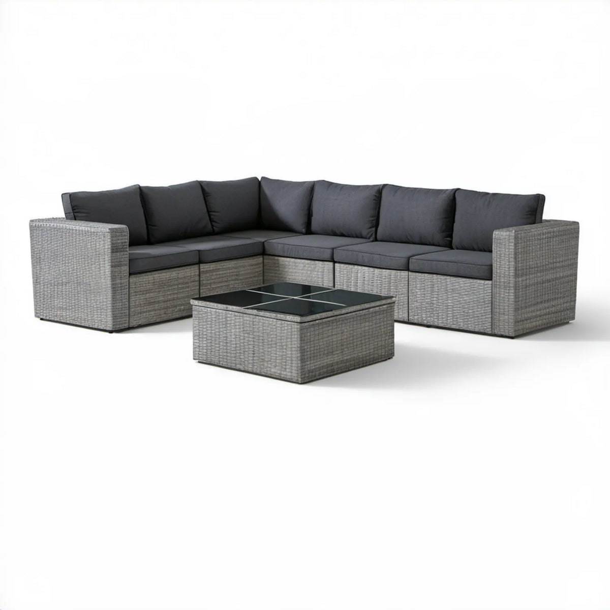 5-osobowy narożnik ogrodowy z technorattanu PE 270 × 210 × 65 cm ze stolikiem 100 × 60 × 40 cm, szaro-czarny