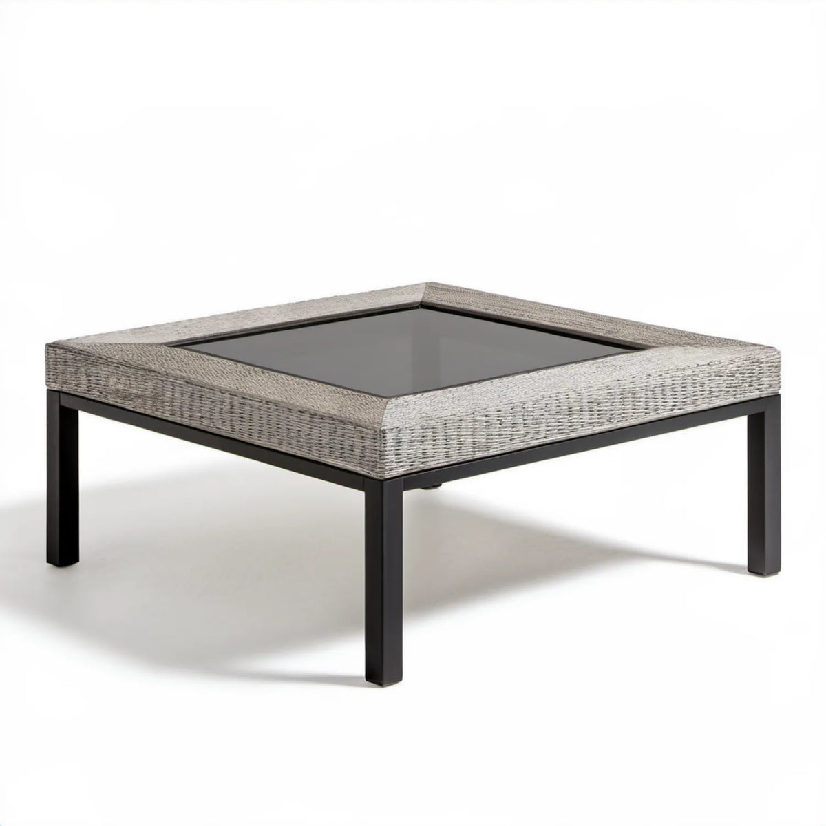 Kwadratowy stół ogrodowy 80 x 80 x 45 cm z technorattanu PE i szkła hartowanego, szaro-czarny