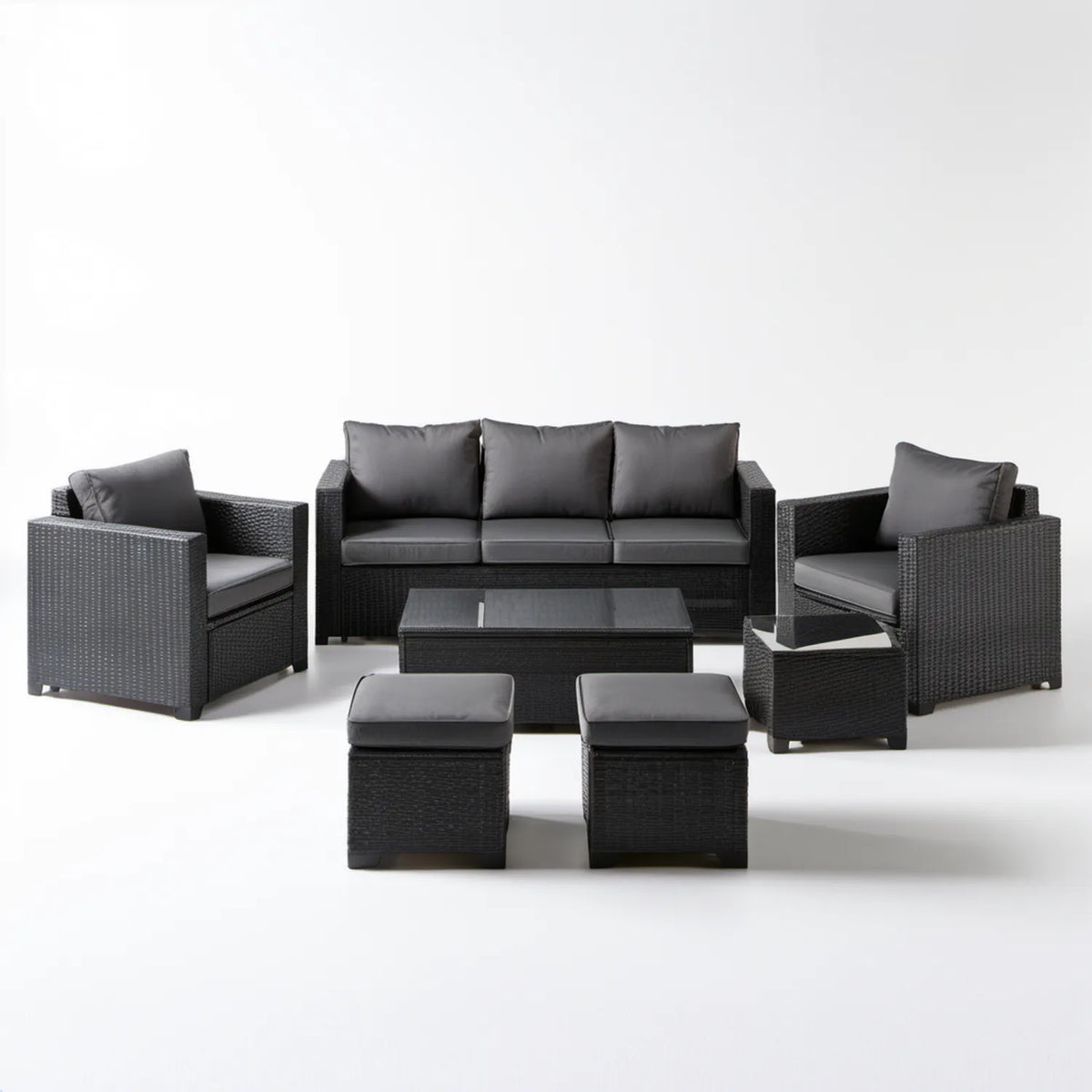 7-elementowy zestaw mebli ogrodowych z technorattanu PE, czarny/ciemnoszary, sofa 180 × 58 × 58 cm